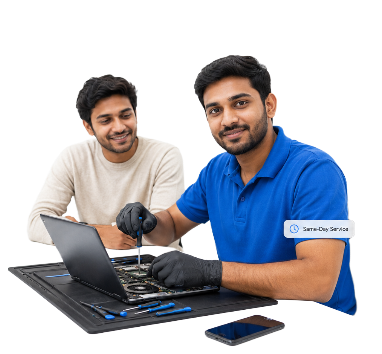 GetSetFix certified technician repairing a laptop at customer's home in Bangalore